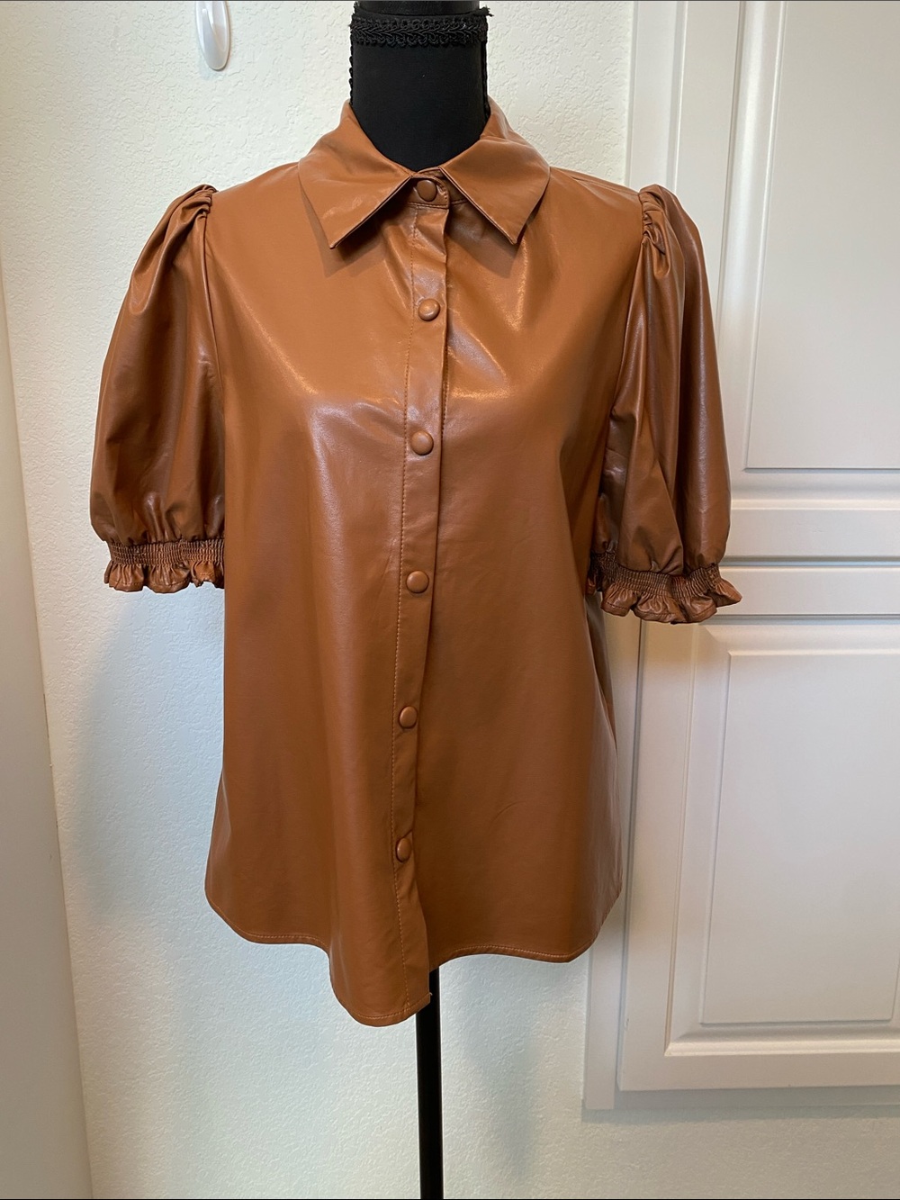 entro Faux Leather Puff Sleeve Button-Down in Cognac Brown